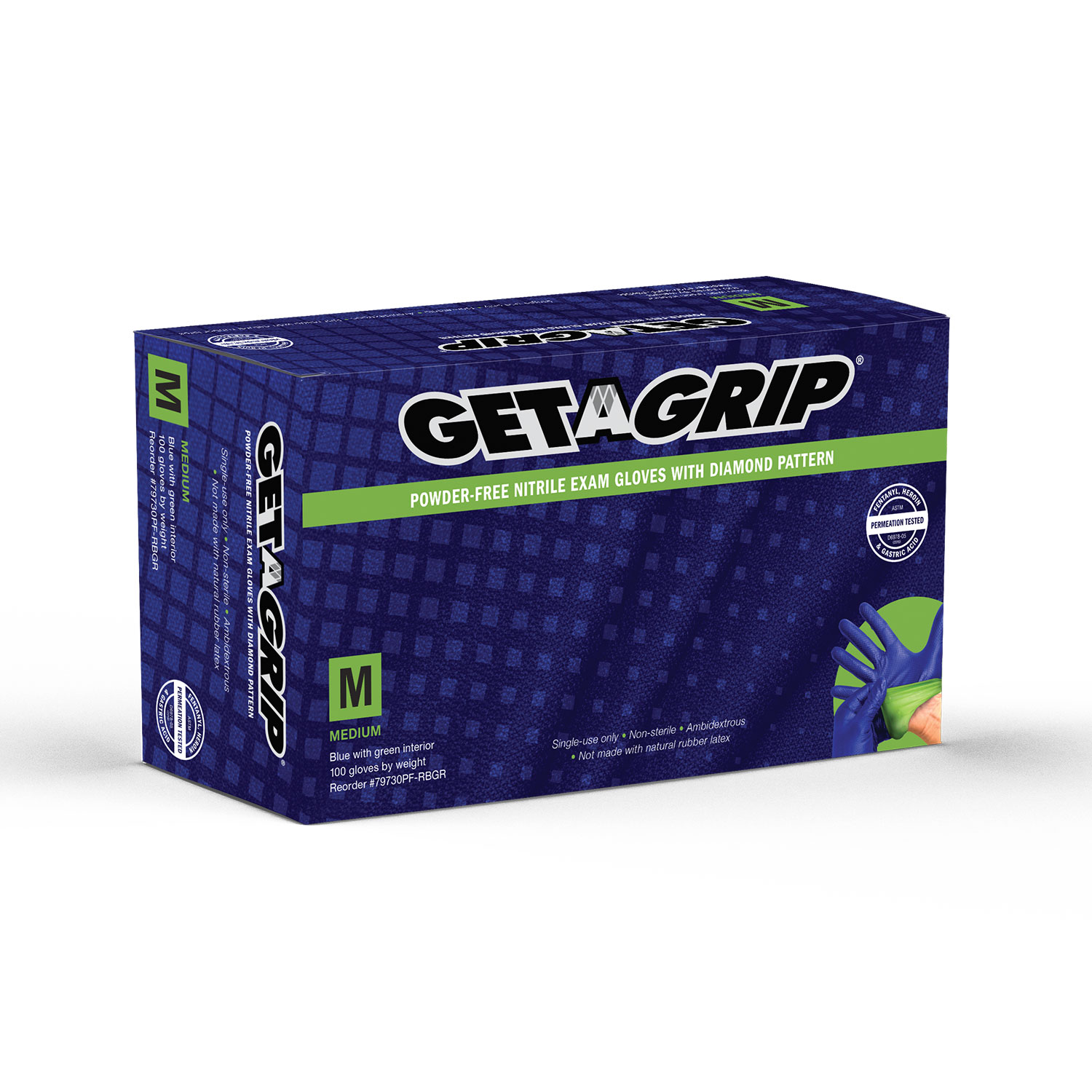 797PF Series - Get A Grip® Exam Grade Nitrile Powder Free Diamond Pattern - Reflex Blue - 5 Mil Palm - 9.5" Length - Image 2